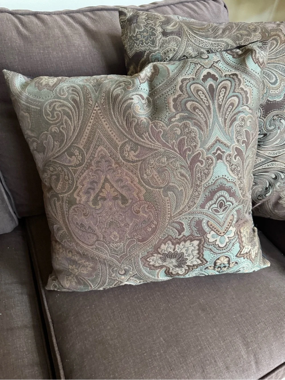 Decorative Paisley Throw Pillow Pair in Brown Taupe and Light Turquoise Blue
